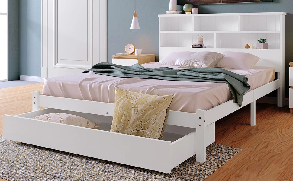 DESMIU Letto con Cassetti 140 × 200 cm 2 Posti con Testiera a Libreria e 2 Cassetti, senza Materasso, Bianco