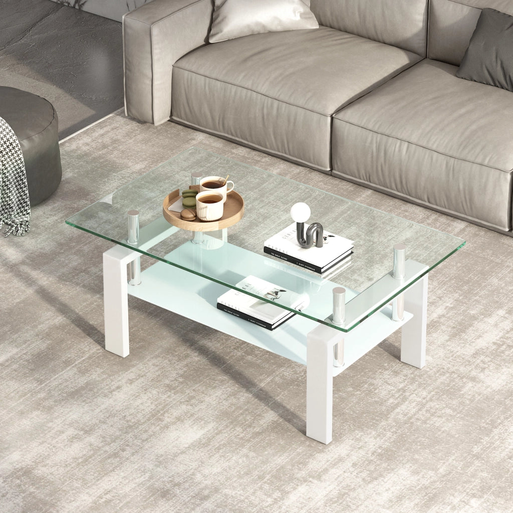 Tavolino da caffè a 2 ripiani per soggiorno in vetro e metallo bianco 100×60×44 cm