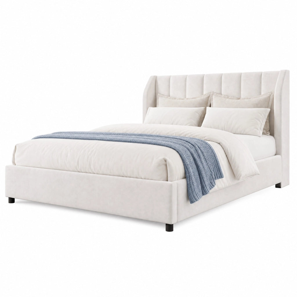 Letto matrimoniale 140 × 200 cm imbottito con testiera trapuntata e 2 cuscini, senza materasso, velluto beige