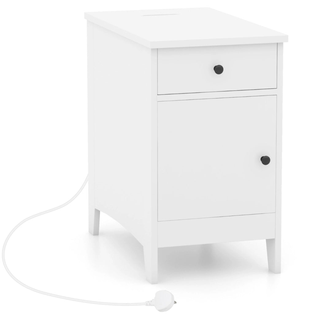 Tavolino laterale con stazione di ricarica cassetto, Tavolino di stoccaggio con porte USB e prese per soggiorno Bianco