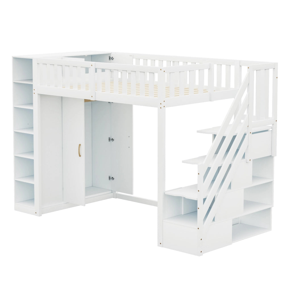 Letto a soppalco 90x200 cm in legno bianco con armadio; ripiani e scala contenitore