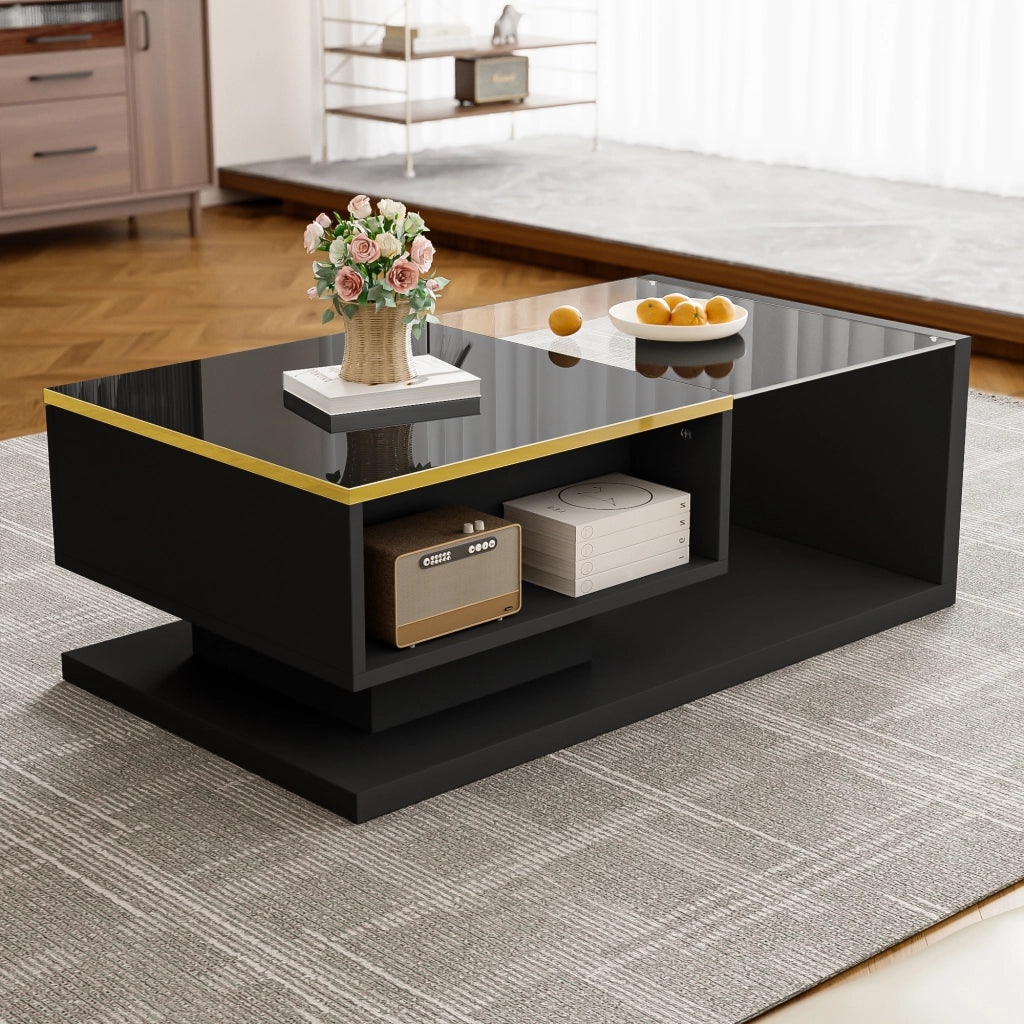 Tavolino da Salotto 90×50×32;5 cm con Piano in Vetro e LED 16 Colori; Nero Lucido; in Pannello truciolare; Nero