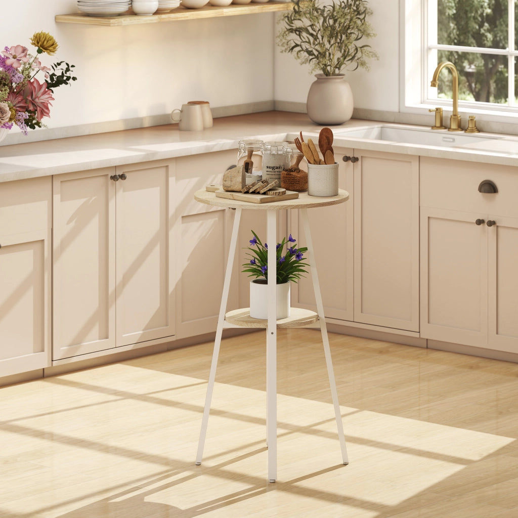 Tavolo Alto Rotondo Ø55x95 cm con Mensola per 2 Persone in Metallo e Melamina Naturale e Bianco