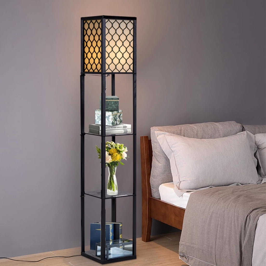 Lampada da Terra, Piantana Lampada da Terra in Legno con Ripiani, Paralume e Catena, Lampada a Stelo da Salotto, Camera da Letto e Studio
