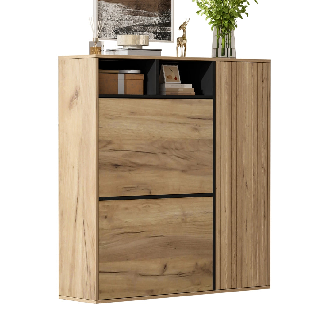 Armadio scarpiere sottile con 2 ribalte e 1 anta, ripiani regolabili, design legno e nero, 90x24x94 cm