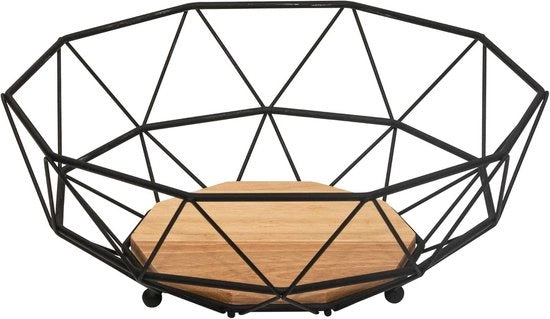 Scatola per Frutta Moderna in Metallo Nero con Base in Legno - Ideale per Cucina e Salotto