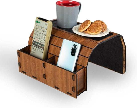 Organizzatore per armadio del divano con piedi antiscivolo - Pannello in legno flessibile - Contenitore pieghevole per bevande e sostegno per braccio - Ripiani per dispositivi e snack