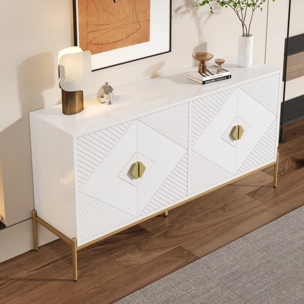 Credenza con 4 Ante; Motivo Geometrico 3D; Maniglie Dorate; Gambe in Metallo; Stile Moderno; 162??40??80 cm; Bianco