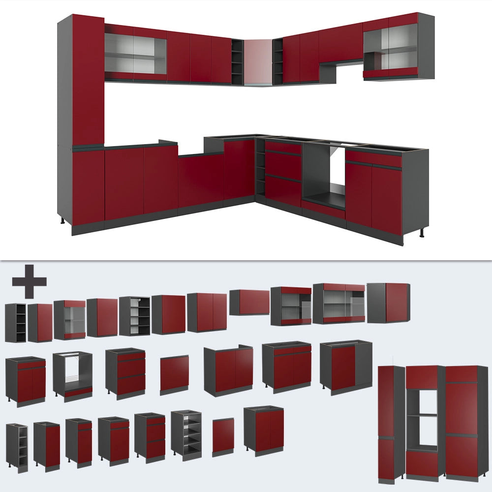 Cucina angolare completa R-Line Rosso/Antracite 277 x 257 cm Forma a J, senza piano di lavoro Vicco