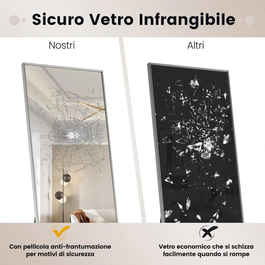 Specchio da Parete Lungo, Specchio da Terra Appendere con Cornice in Lega di Alluminio e Ganci, Per Camera da Letto e Soggiorno, 160 x 40 cm (Argento)