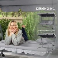 Dondolo Letto da Giardino con Tettuccio Regolabile e Vassoi, in Acciaio e Poliestere, 200x120x164 cm, Grigio
