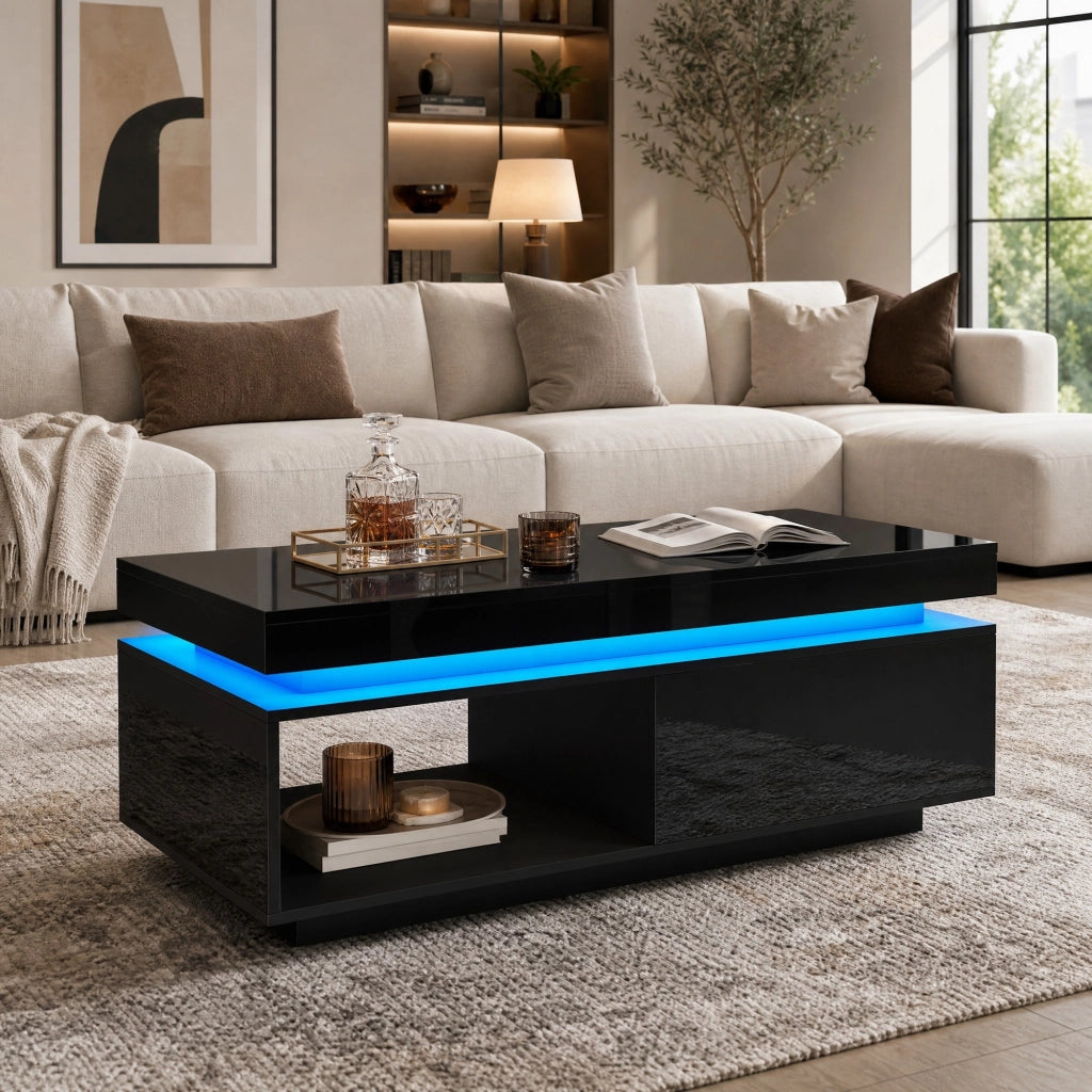 TAVOLINO DA CAFFÈ 100x50x40,3 cm Nero Lucido con LED e cassetto