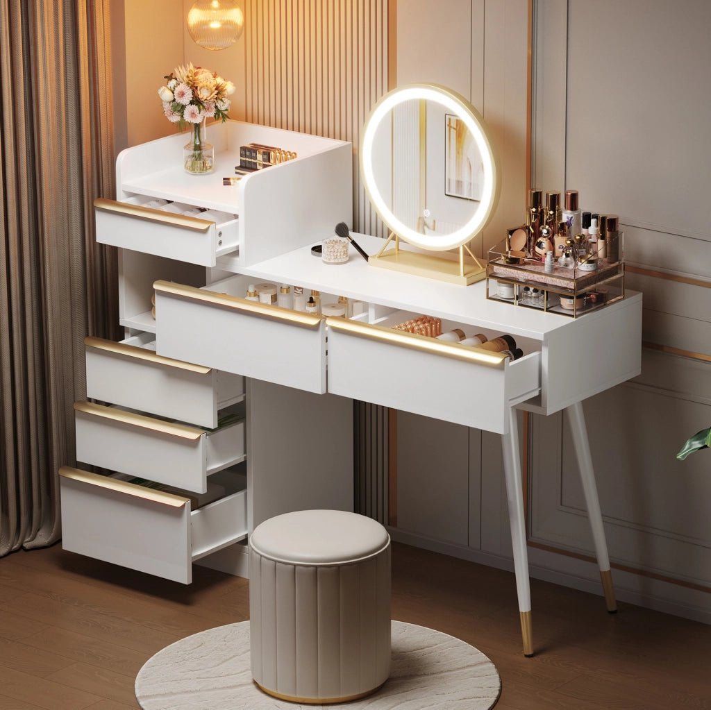 Toeletta bianca estensibile con specchio LED dimmerabile e 6 cassetti
