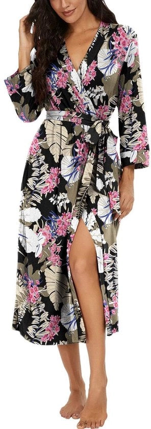 Kimono da bagno con collo V per donne con maniche corte e lunghezza regolabile (Grande, Foglia grande rosa)