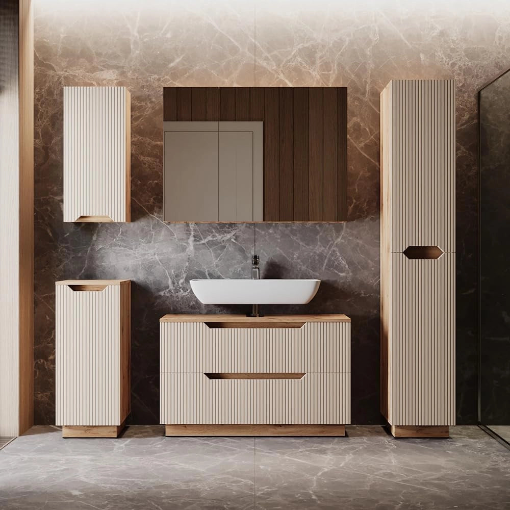 Set di mobili da bagno Lotta, Rovere/cashmere a righe, 3 parti