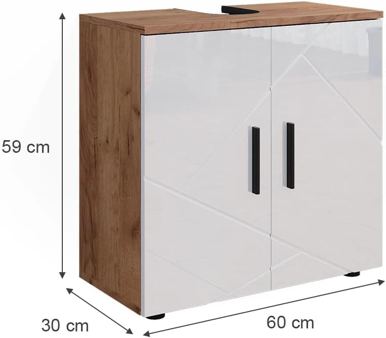 Mobile sottolavabo per bagno Irma, Bianco lucido/oro power oak, 60 x 59 cm, con ritaglio per sifone e ripiano interno per conservazione