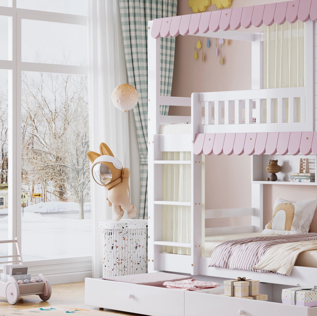 Letto a castello 90x200 cm bianco e rosa con tende, cassetti e ripiani
