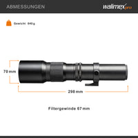 Obiettivo fotografico 500/8,0 per fotocamere varie, Teleobiettivo per full-frame e APSC, con diaframma a iride, per fotocamera DSLR