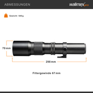 Obiettivo fotografico 500/8,0 per fotocamere varie, Teleobiettivo per full-frame e APSC, con diaframma a iride, per fotocamera DSLR