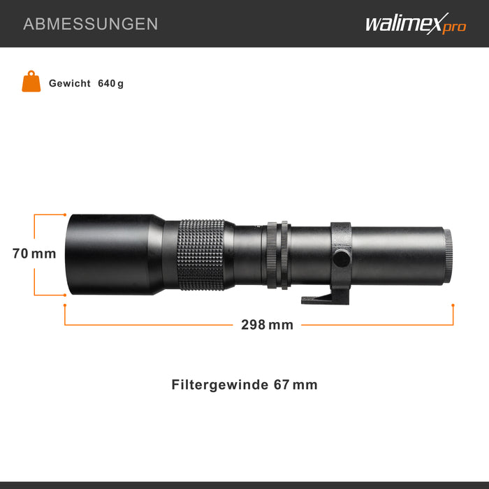 Obiettivo fotografico 500/8,0 per fotocamere varie, Teleobiettivo per full-frame e APSC, con diaframma a iride, per fotocamera DSLR