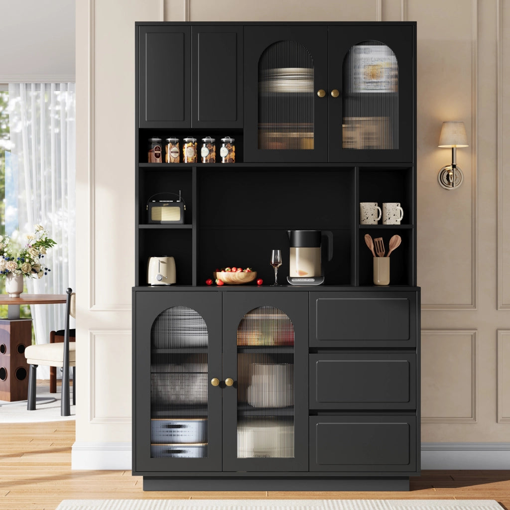 Credenza alta con ante ad arco in acrilico, LED APP e 3 cassetti, per cucina e soggiorno, nero 106 × 30 × 175 cm