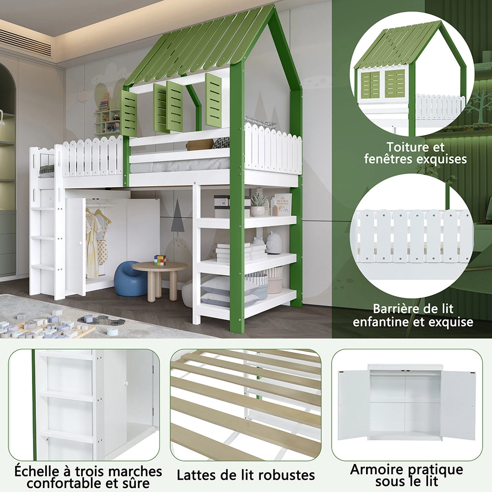 Letto a soppalco bambini - Xylo - 90x200 cm armadio pino verde