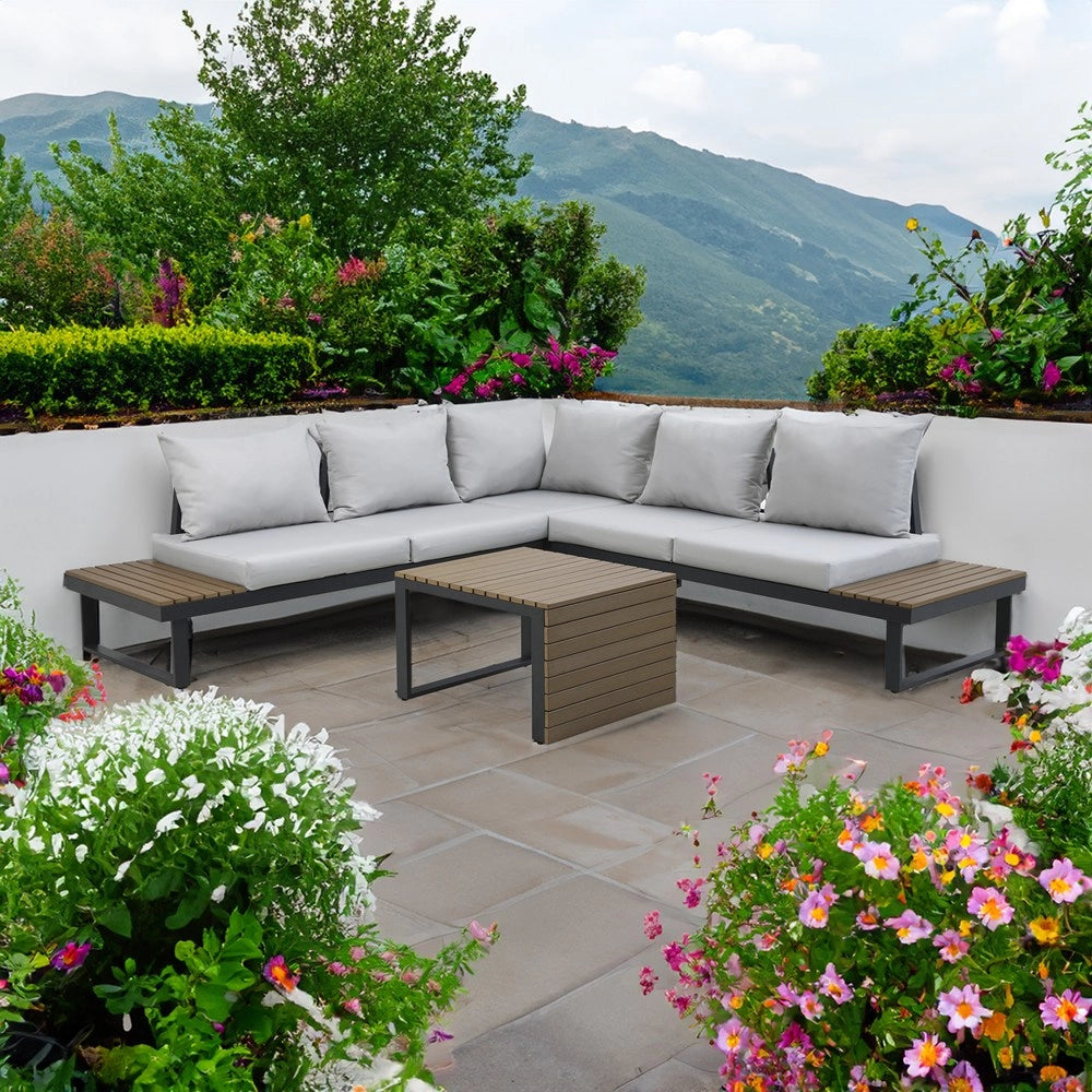 Set mobili da giardino MARBELLA con divano angolare e tavolino grigio