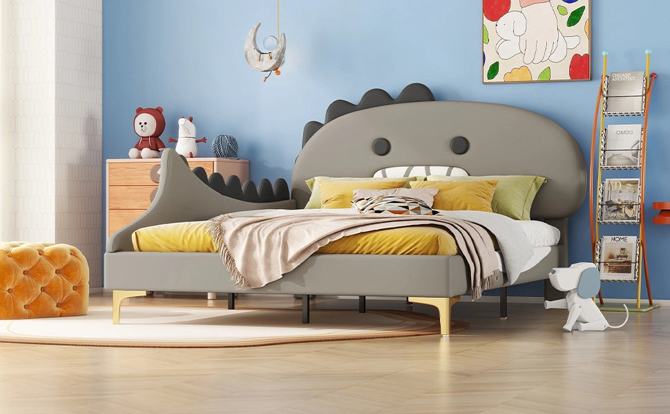 DESMIU Letto per bambini 140 × 200 cm 2 posti con testiera dinosauro, senza materasso, in PU e MDF, grigio