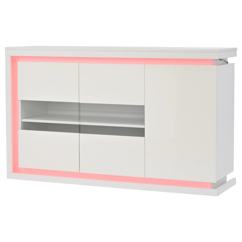 Credenza con LED e 3 ante in truciolare con 2 ante in vetro temperato, per soggiorno e ufficio, bianca, 140 × 40 × 84 cm