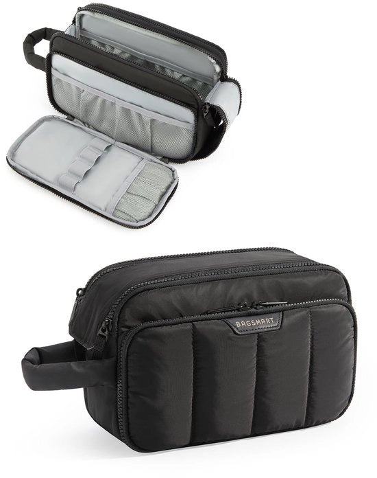 Organizzatore di cosmetici e trucchi per donne, borsa di trasporto con valvola per articoli da toeletta, grande con apertura ampia, nero