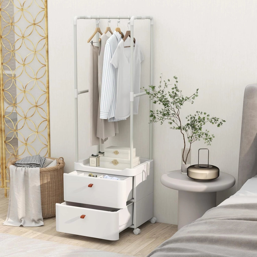 Appendiabiti con 2 Cassetti e Ruote Bloccabili, Stand Appendiabiti con 4 Ganci Rimovibili e Ripiani di Stoccaggio, Per Ingresso Camera da Letto Spogliatoio, 52x40x161 cm (Stile 1)