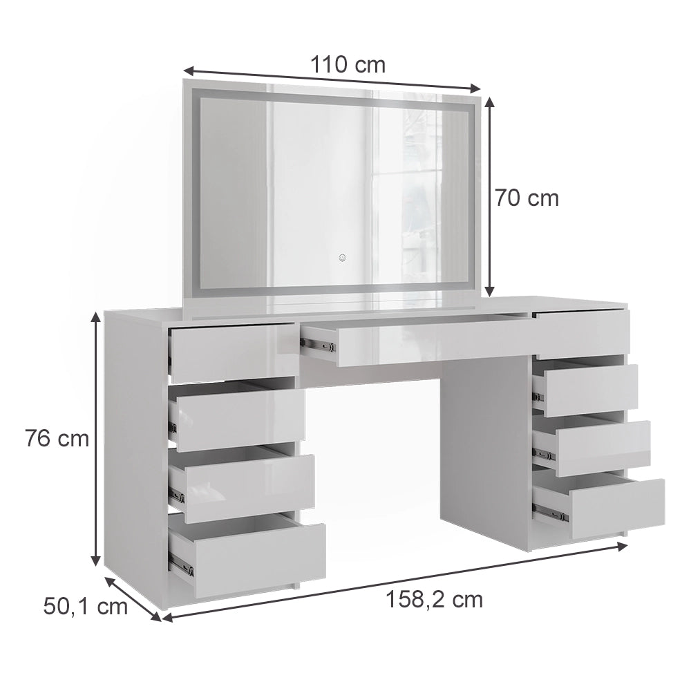Vicco Tavolo da toeletta Bianco/bianco lucido 158.2 cm con specchio LED