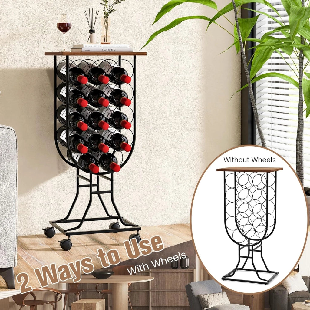 Portabottiglie per Vino per 14 Bottiglie con Ruote Bloccabili, Scaffale per Vino, Organizer per Bottiglie in Stile Rustico, per Bar, Cucina, Sala da Pranzo, 38 x 30 x 76 cm