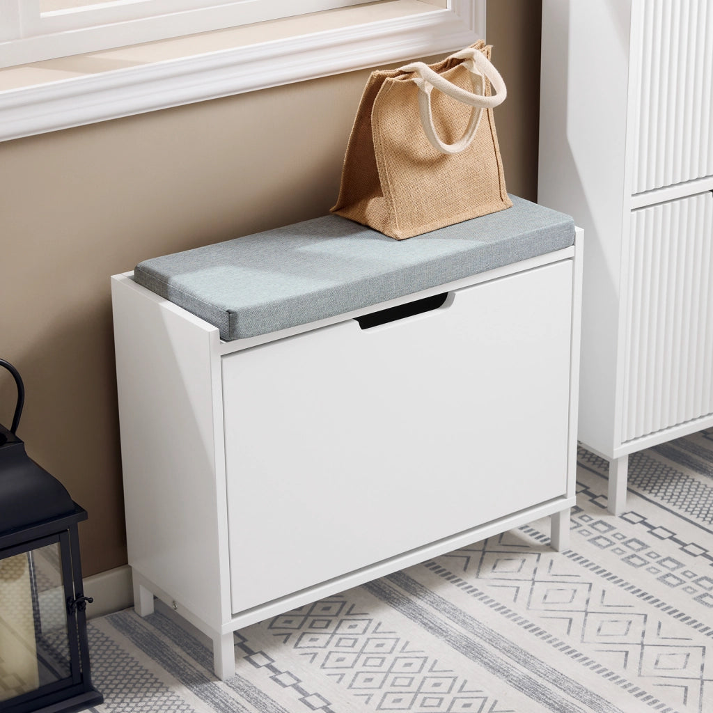 SoBuy Panca Scarpiera da Ingresso - Scarpiera Salvaspazio Slim in Legno, Panca Contenitore con 1 ribalte Scarpiera 2 ripiani, 113kg di Carico, Bianco L60xP24xA52 cm FSR151-K-W