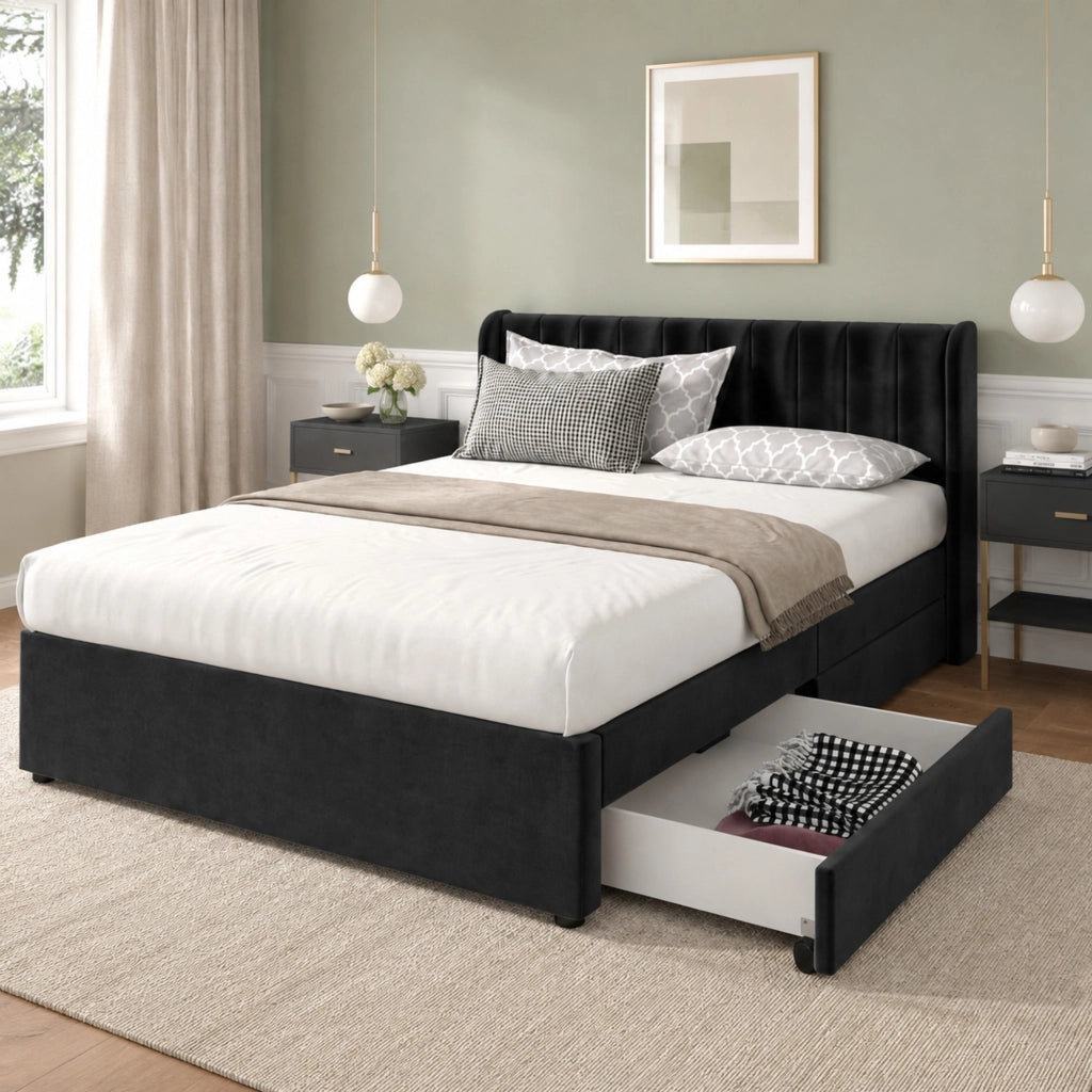 Letto matrimoniale 160x200 cm in velluto nero con 2 cassetti; rete inclusa