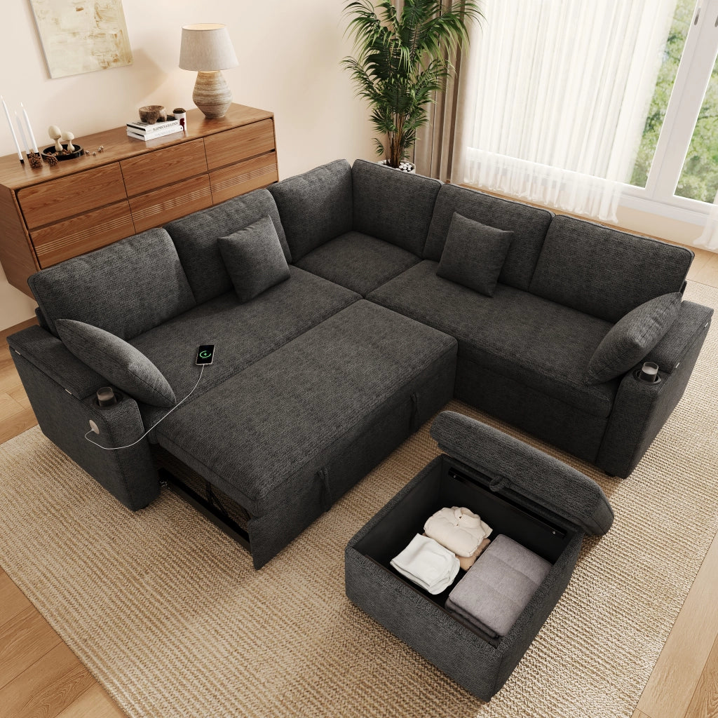 Divano angolare con letto estraibile, pouf mobile, USB e porte bicchieri, contenitori nei braccioli, in ciniglia grigia