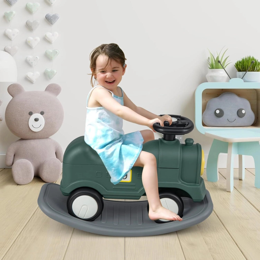 3 in 1 Cavallo a Dondolo per Bambini, con Macchinina Scivolante e Tavola Equilibrio Staccabile, Gioco a Dondolo Stile Treno per Bambini 18-72 Mesi (Stile 2 Verde)