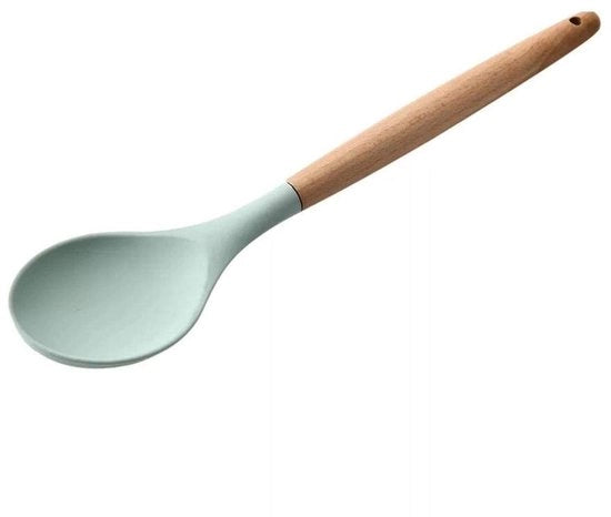 Cucchiaio di silicone, 32 cm, con manico in legno, resistente alle abrasioni, verde, robusto, duraturo, cucchiaio per pentole, mescolare e girare