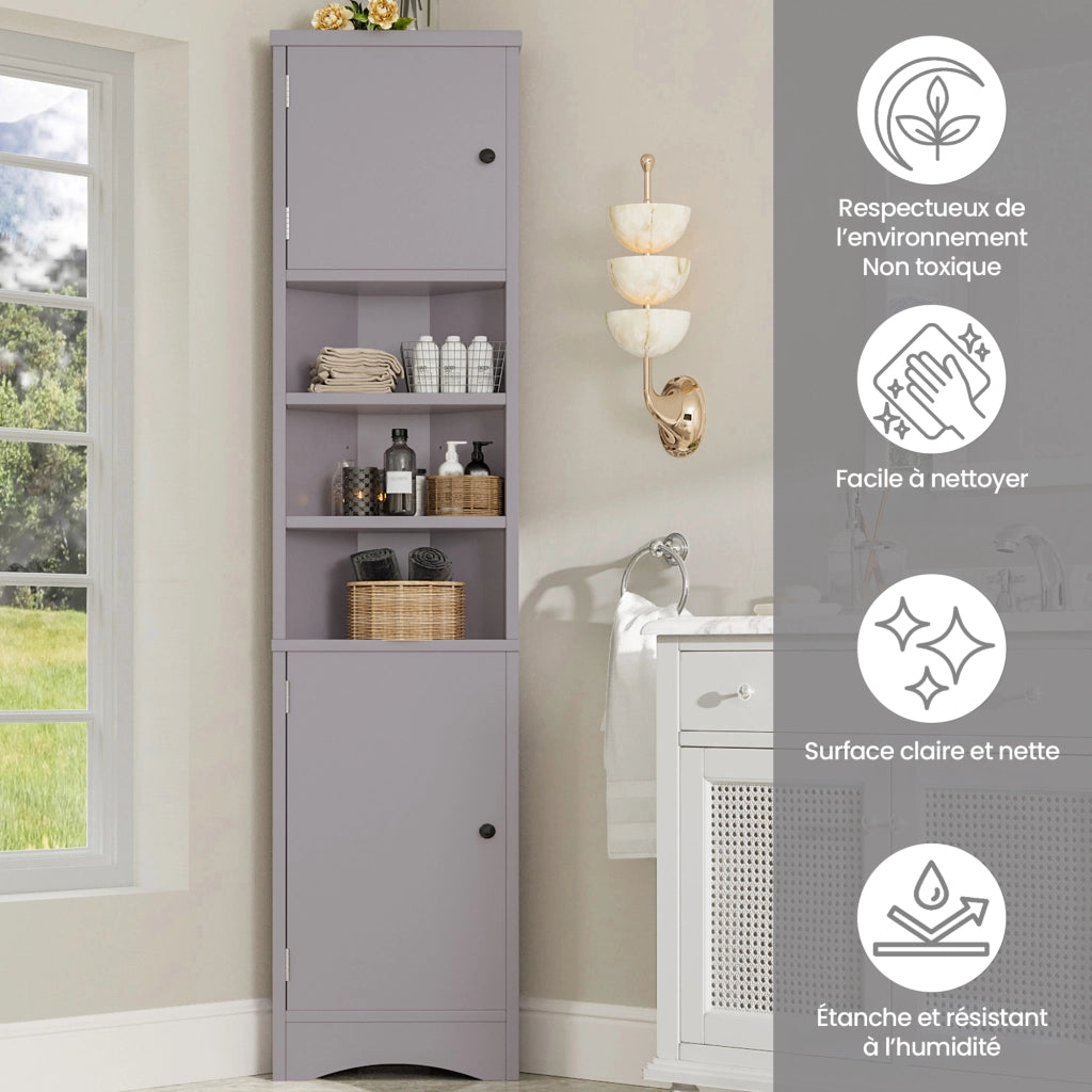 Armadietto da bagno angolare con 2 ante e 3 vani aperti, ripiani regolabili, in MDF, grigio, per bagno