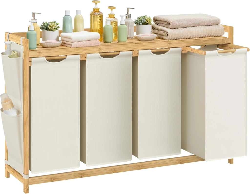 SONGMICS Cesto Portabiancheria a 2 Scomparti, Cesto Biancheria Sporca in Bambù 100 L, Porta Biancheria con Piano, Tasche Laterali, 2 x 50 L, 63 x 33 x 78 cm cm, Bianco Crema RLH100W01