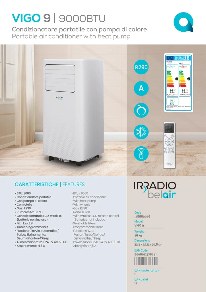 IRRADIO Condizionatore Portatile VIGO 9 9000 BTU con Pompa di Calore, Deumidificatore e Telecomando