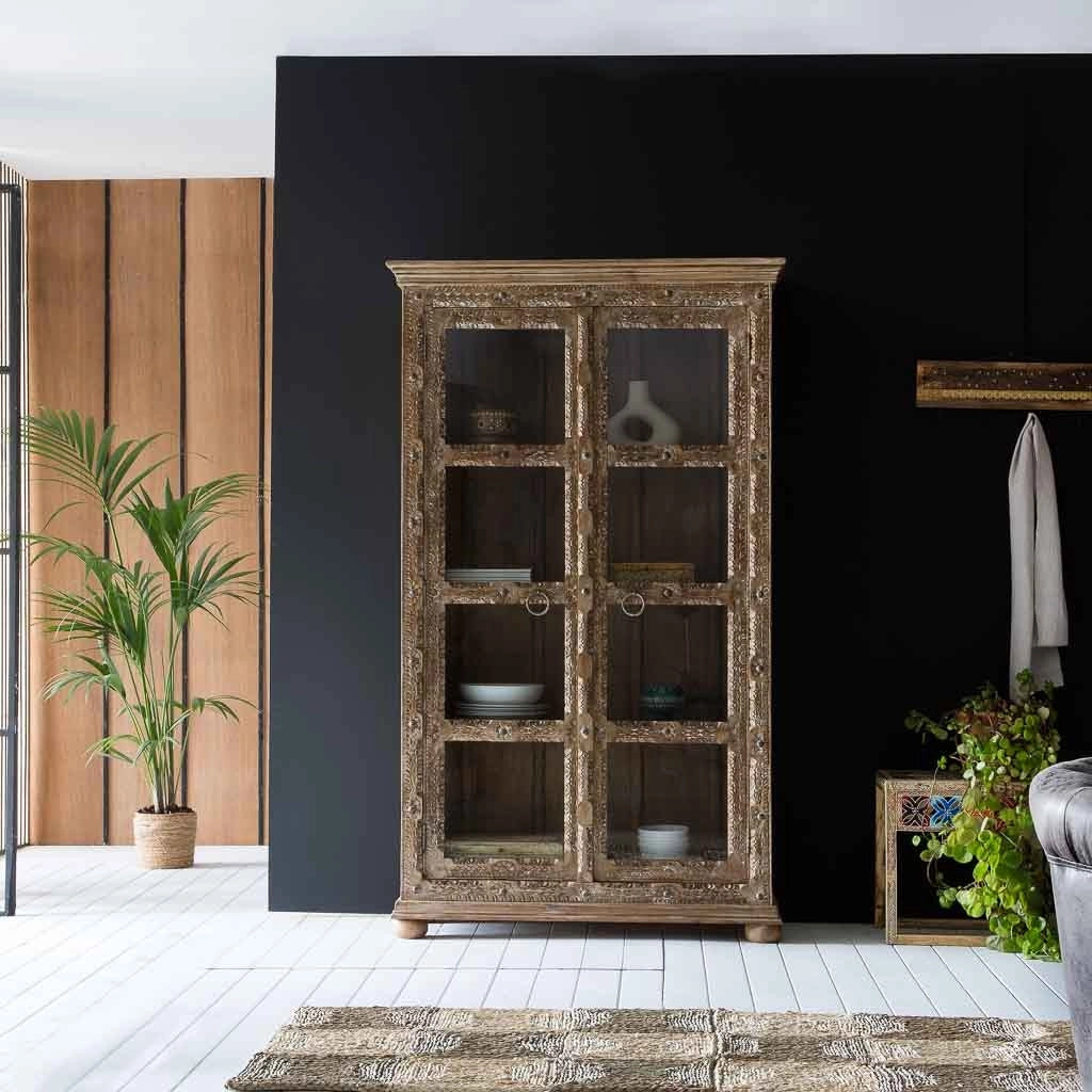 Vetrina in vetro e legno marrone fatta a mano 106x43x180
