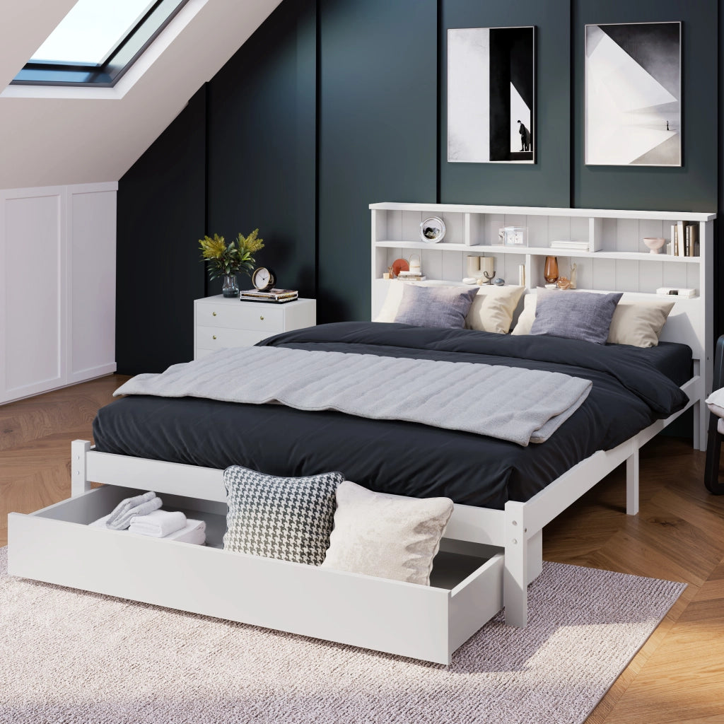 Letti contenitori 140x200 cm con testiera libreria; legno; bianco (Senza materasso)