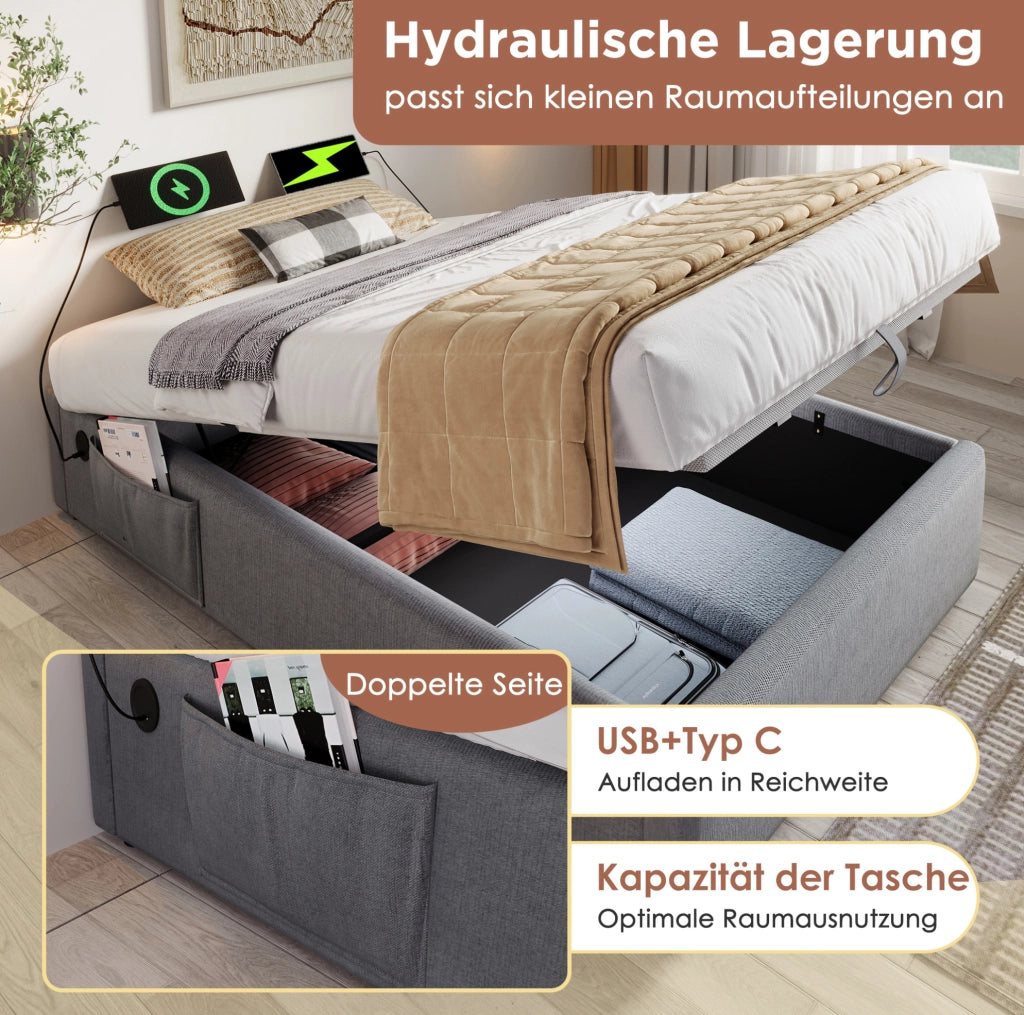 Letto contenitore 160x200 cm con USB e Type-C, grigio