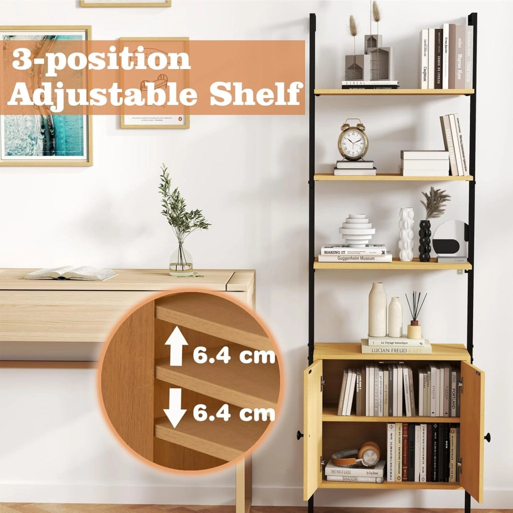 Libreria contro parete, scala con 4 ripiani e armadio con ante in rattan, mensola da parete in metallo e legno, scaffale da parete per scale (60 x 30 x 184 cm)