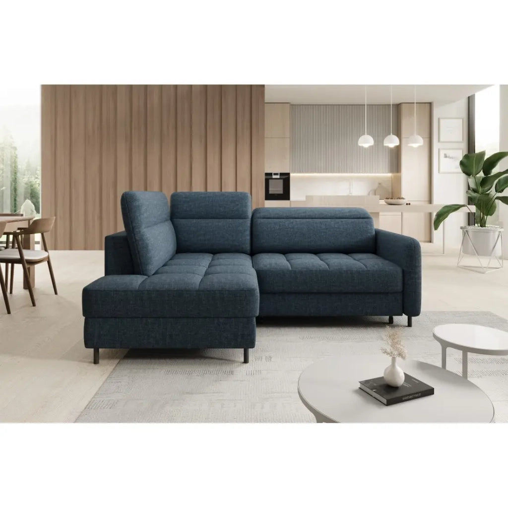 Divano angolare sinistro convertibile BARNEA 208 cm blu scuro con contenitore