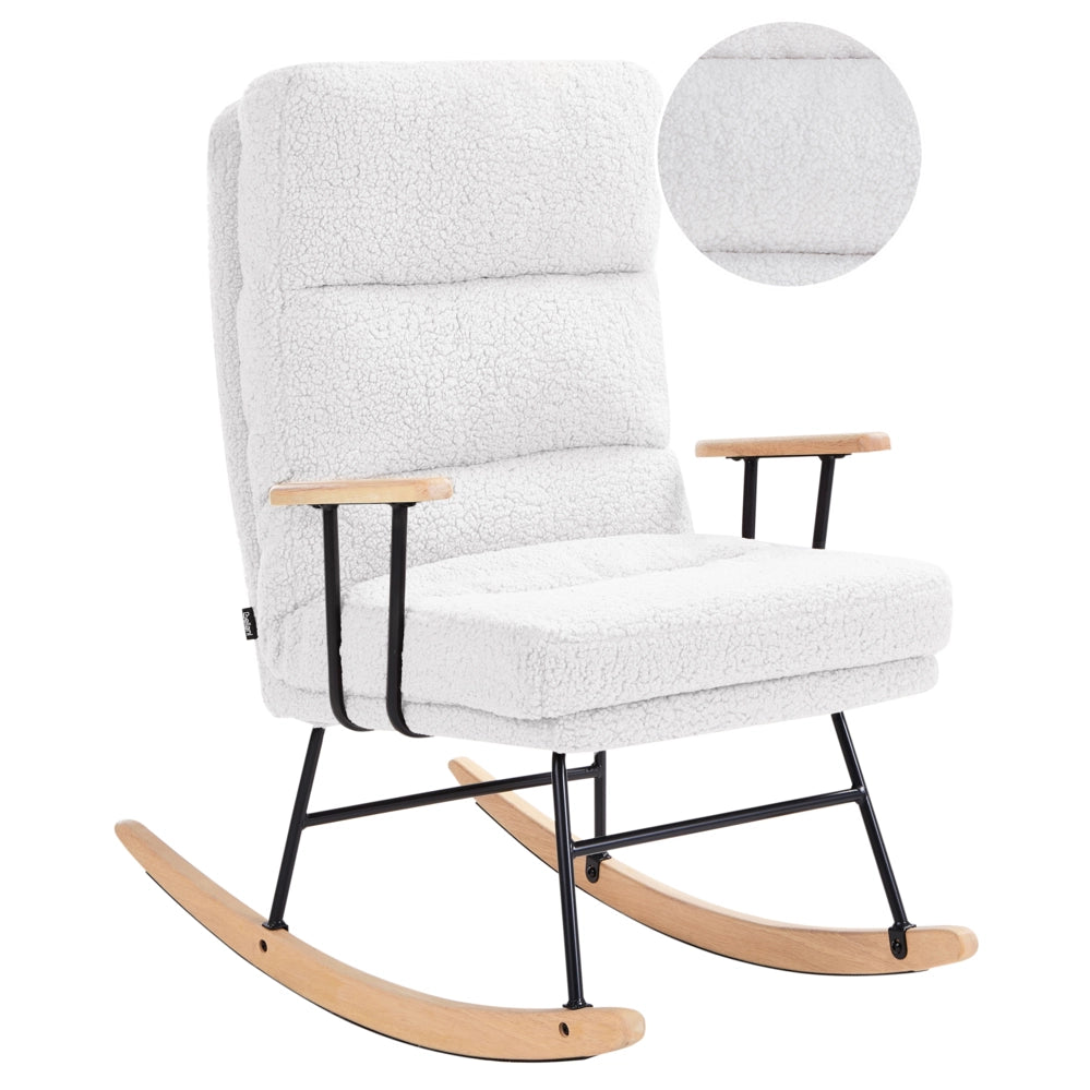 Sedia a dondolo Rivestimento in Boucle bianco sporco Gambe in legno e gomma Schienale reclinabile Soggiorno