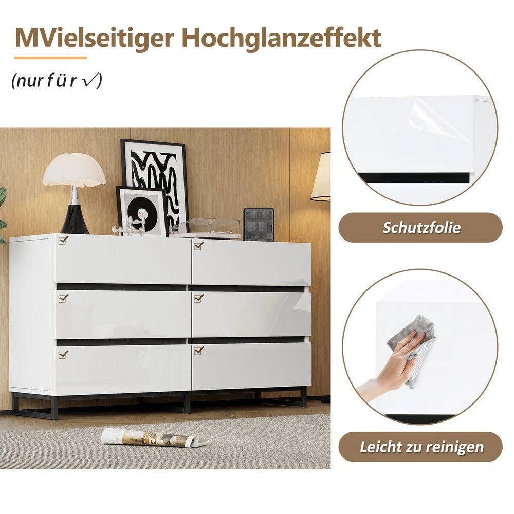 Credenza da Soggiorno con 6 Cassetti e 3 Gambe in Metallo ¨C MINIMAL ¨C Bianco/Nero Lucido 140x39x78
