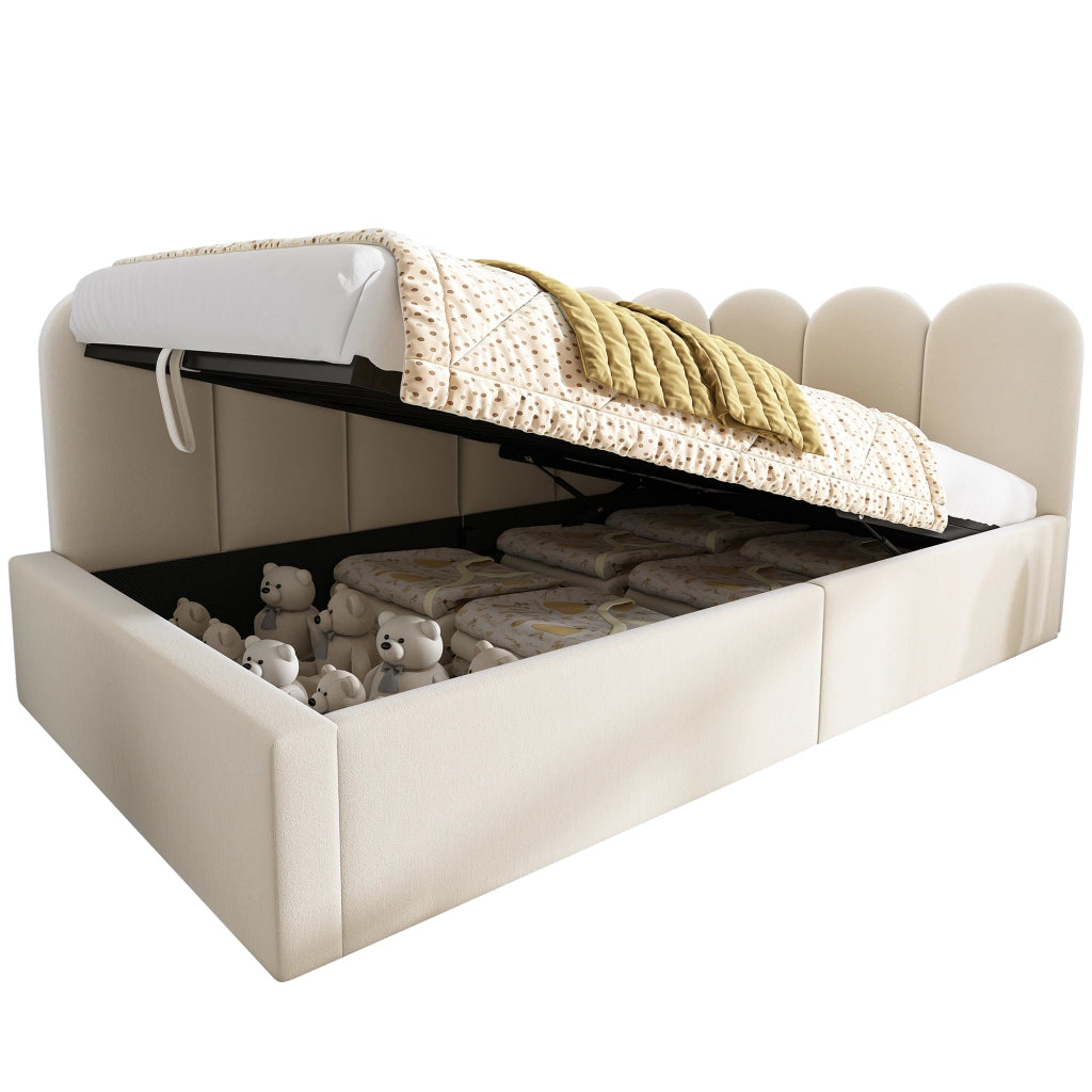 Letto a giorno 90x200 cm in velluto con contenitore idraulico, struttura in metallo, beige