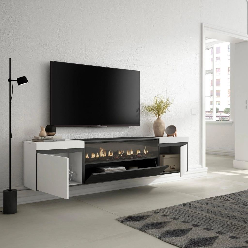 Mobile TV, 200x35x45cm, soggiorno, Per TV fino a 80", Camino elettrico, da appendere, Bianco e nero RF2171